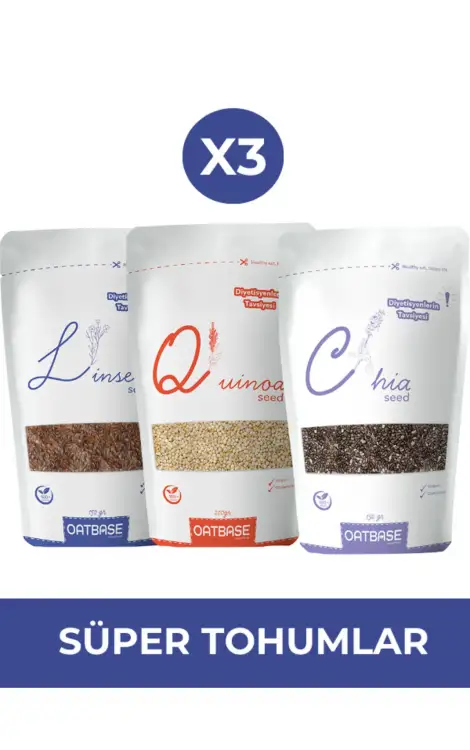 Oatbase Süper Tohumlar Seti | Chia – Keten – Kinoa 3x200 G | Glutensiz – Katkısız – Doğal Oatbase Süper Tohumlar Seti | Chia – Keten – Kinoa 3x200 G | Glutensiz – Katkısız – Doğal
